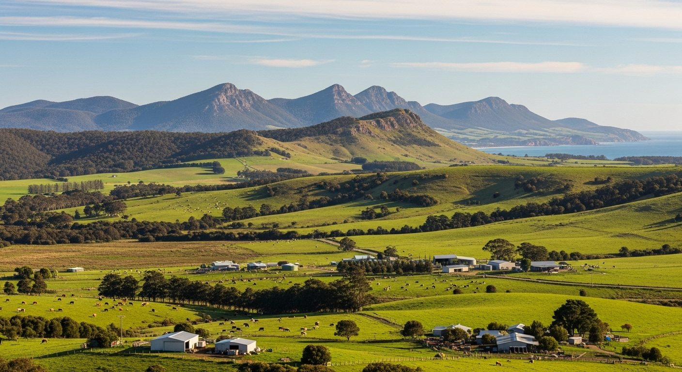 Expansive rural landscape in Bega NSW with rolling green hills and distant mountains