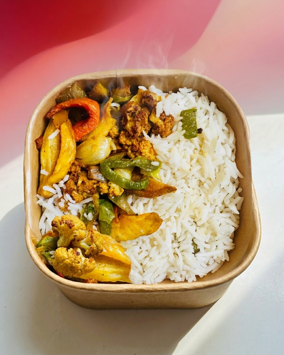 White rice and roasted vegetables