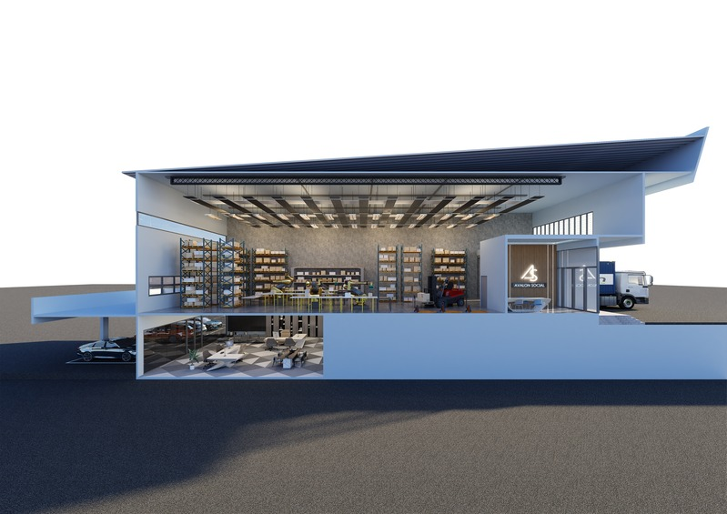 3D cross-section architectural rendering showing warehouse and office integration