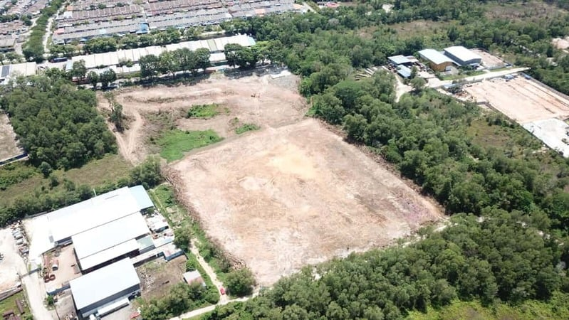 Aerial view of the cleared plot of land showing development scale