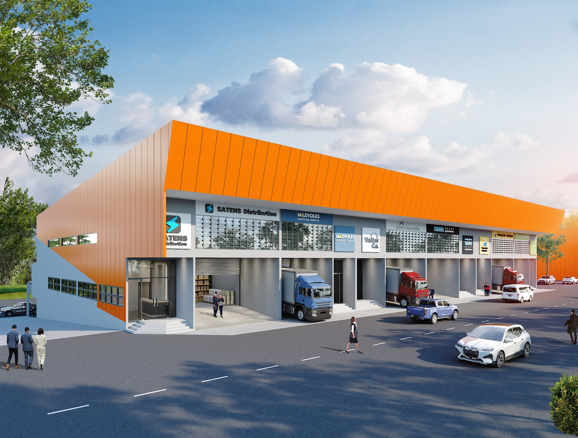 Vibrant orange roof industrial warehouse rendering