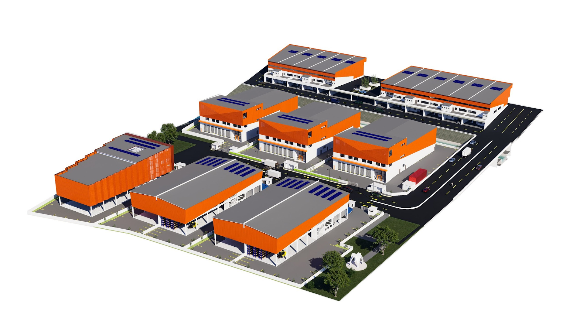 Isometric high-angle architectural rendering of the modern warehouse complex