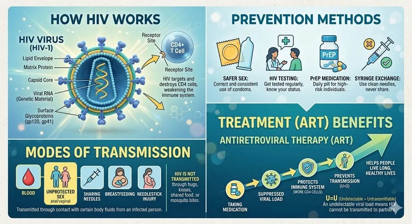 Comprehensive medical infographic about HIV transmission and ART treatment
