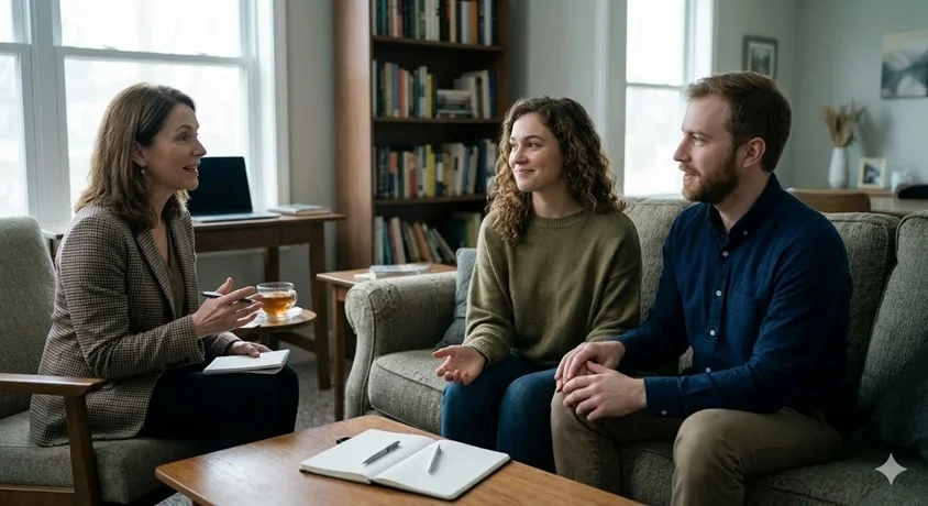 Consultation session in a professional office setting with couple