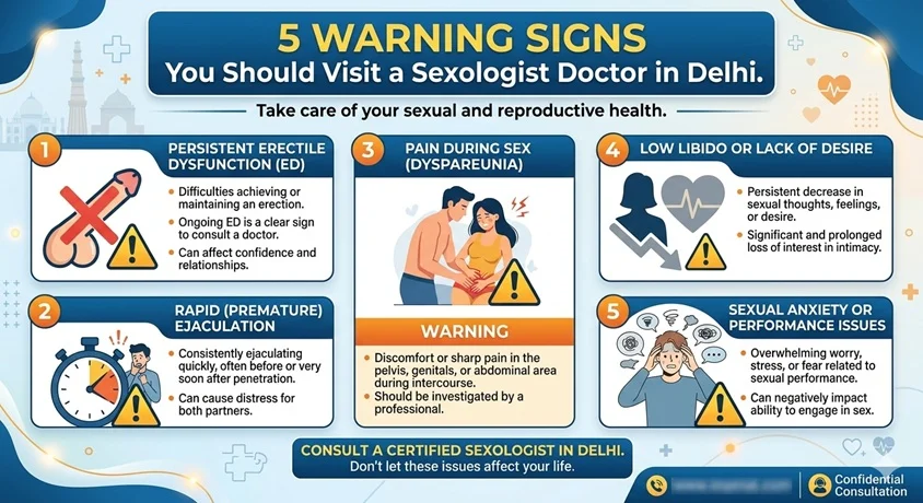 Educational graphic poster highlighting 5 Warning Signs to visit a sexologist in Delhi