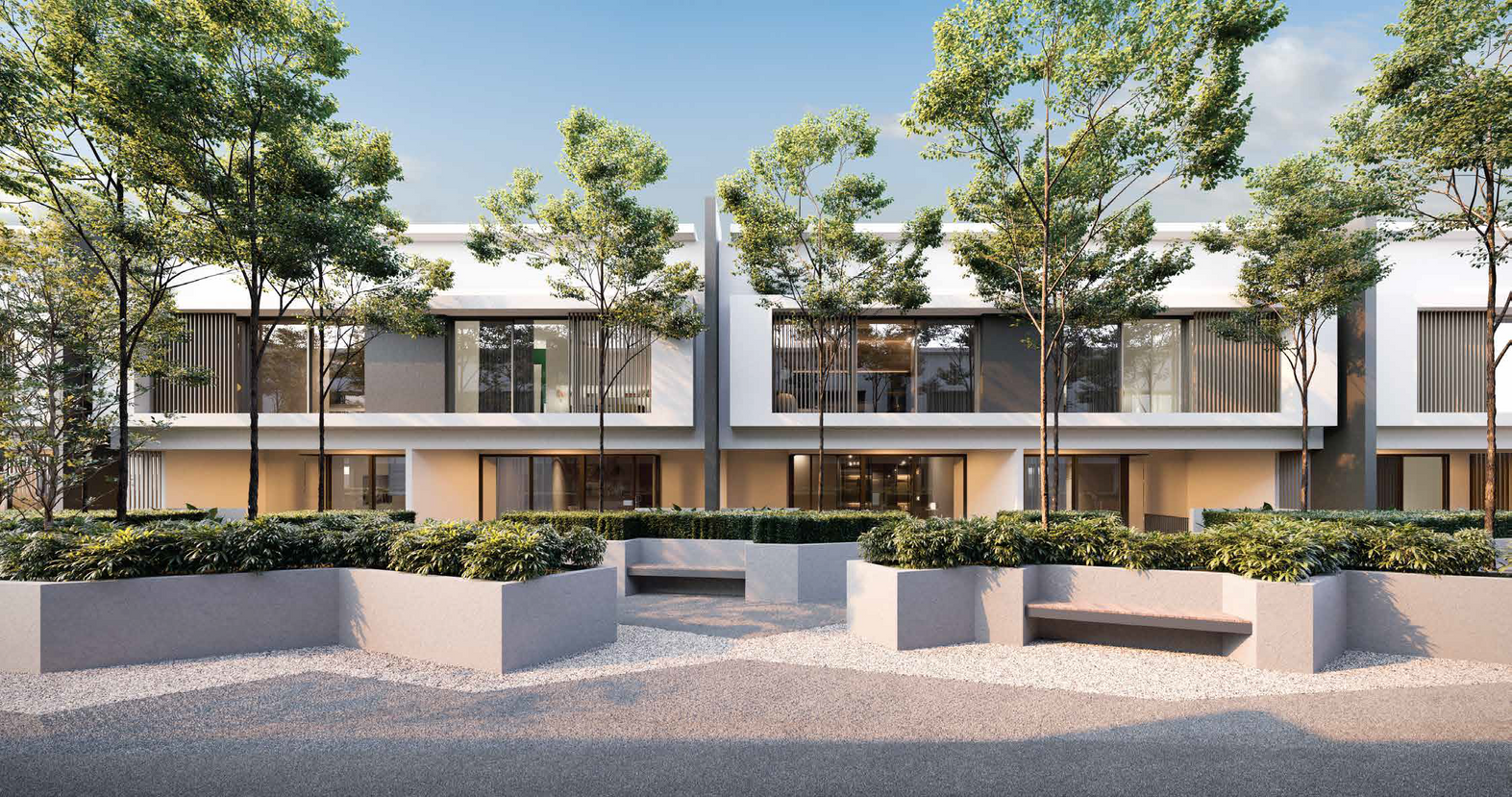 Contemporary two-story residential building with a sleek, minimalist white and gray facade