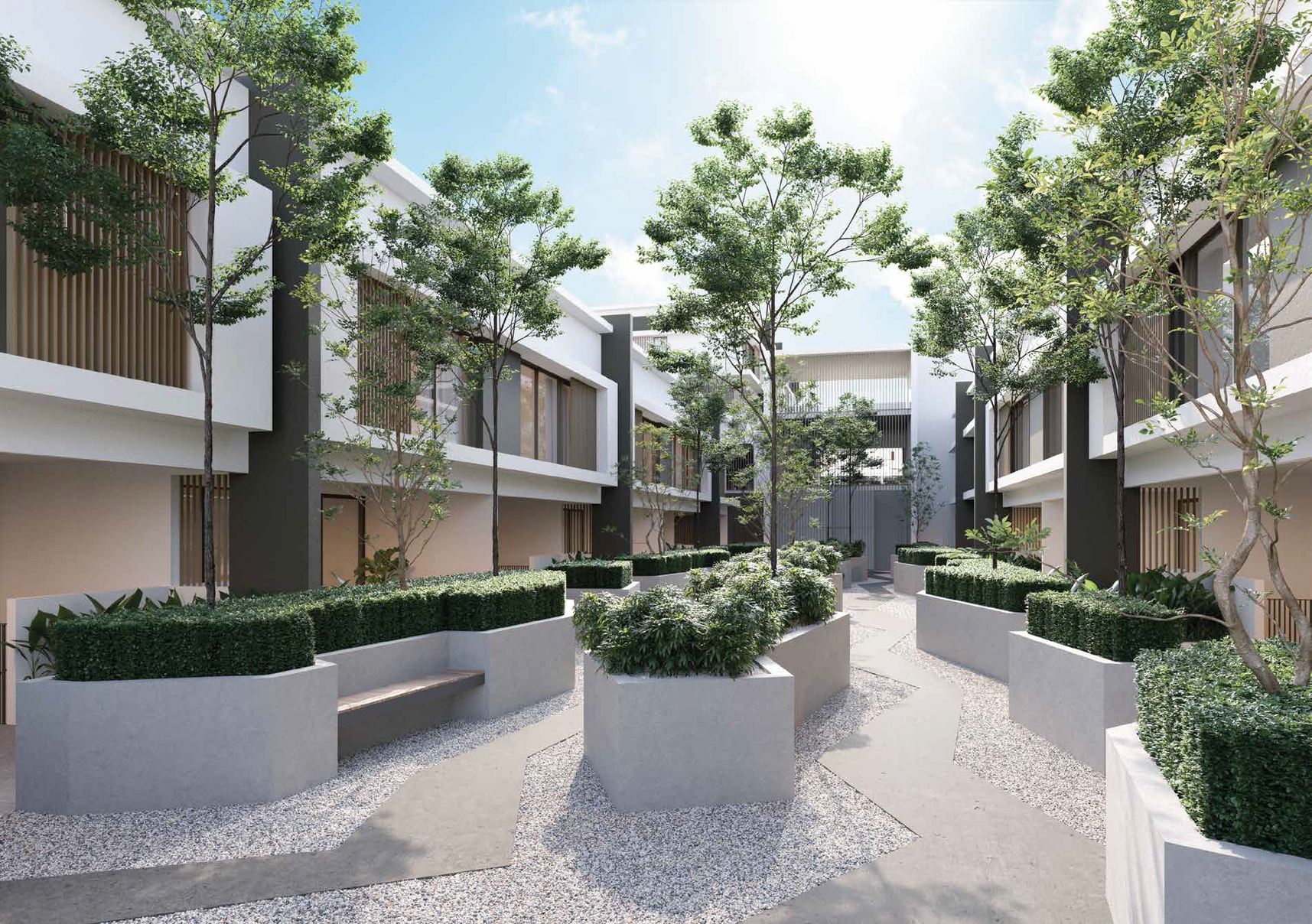 Modern residential courtyard framed by sleek white and charcoal-grey buildings with vertical wooden slat accents