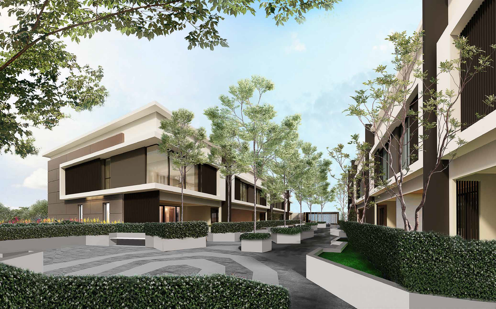 Row of contemporary multi-story residential buildings characterized by minimalist facades