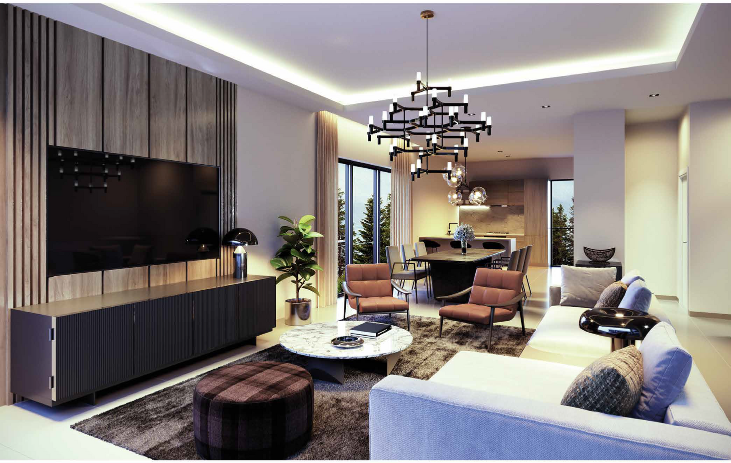 Luxurious modern open-plan living and dining space with high-end furniture and geometric chandelier