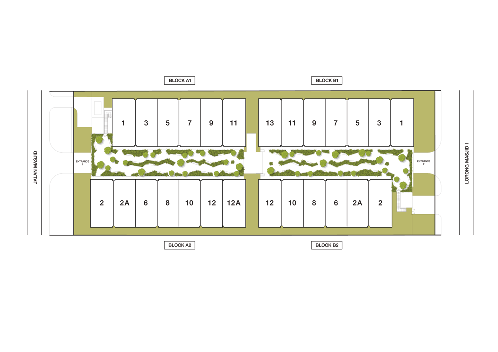 2D architectural site plan of the residential development featuring four building blocks