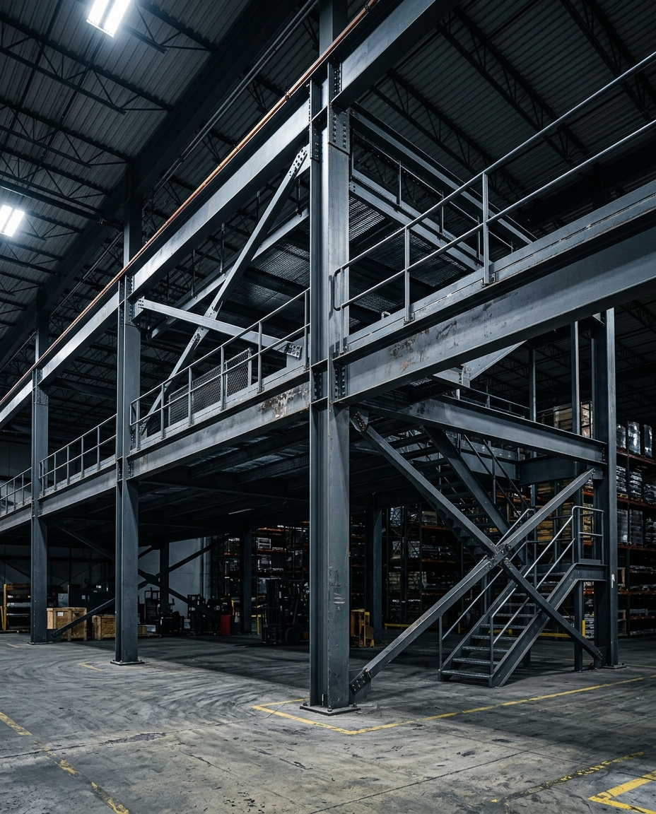 Warehouse with steel mezzanine structure