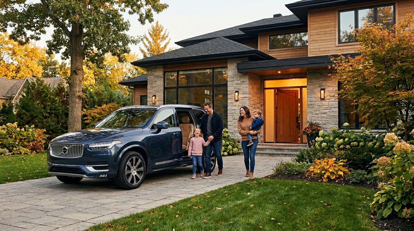 Familia junto a su auto y casa moderna