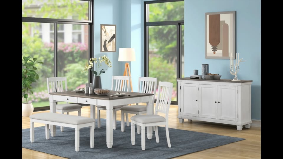 White and gray dining room furniture set with table and chairs