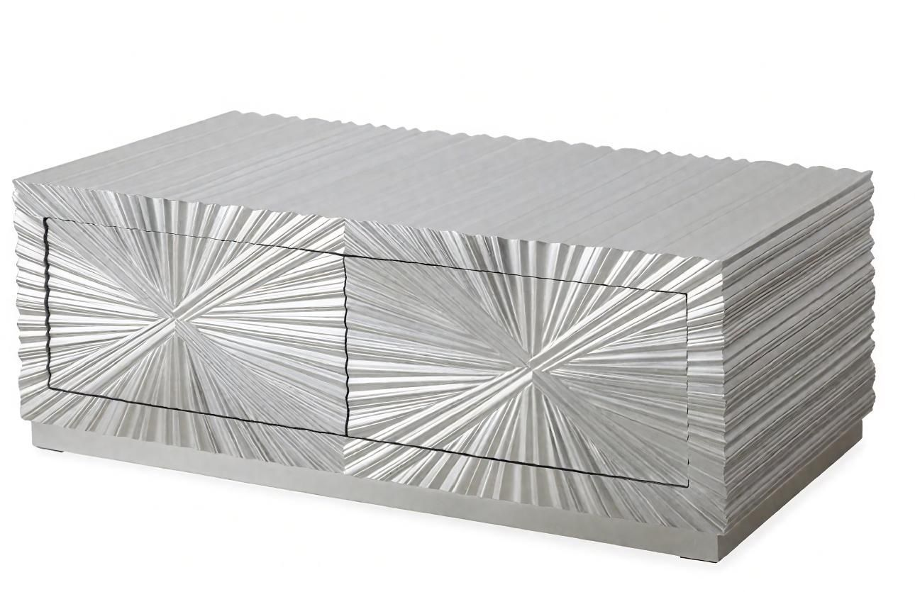 Silver finish rectangular coffee table with textured sunburst pattern