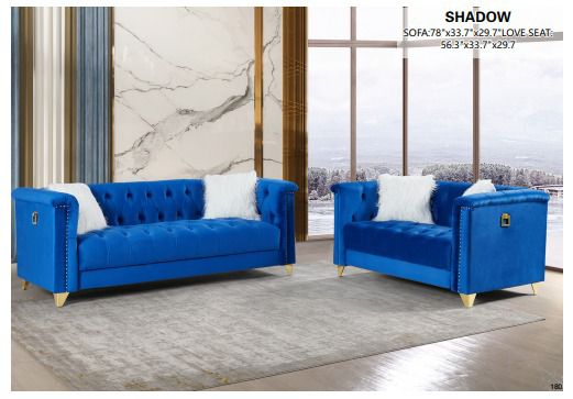 Vibrant blue velvet tufted sofa set